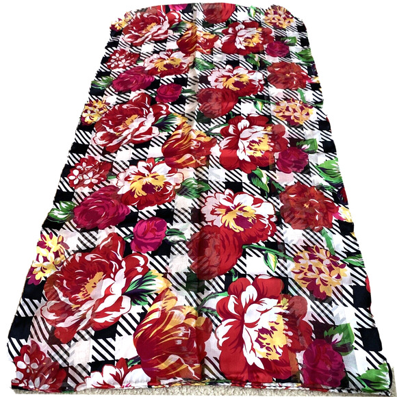 Silky scarf plaid burnout stripes mod red roses yellow green black & white wrap - Picture 1 of 8